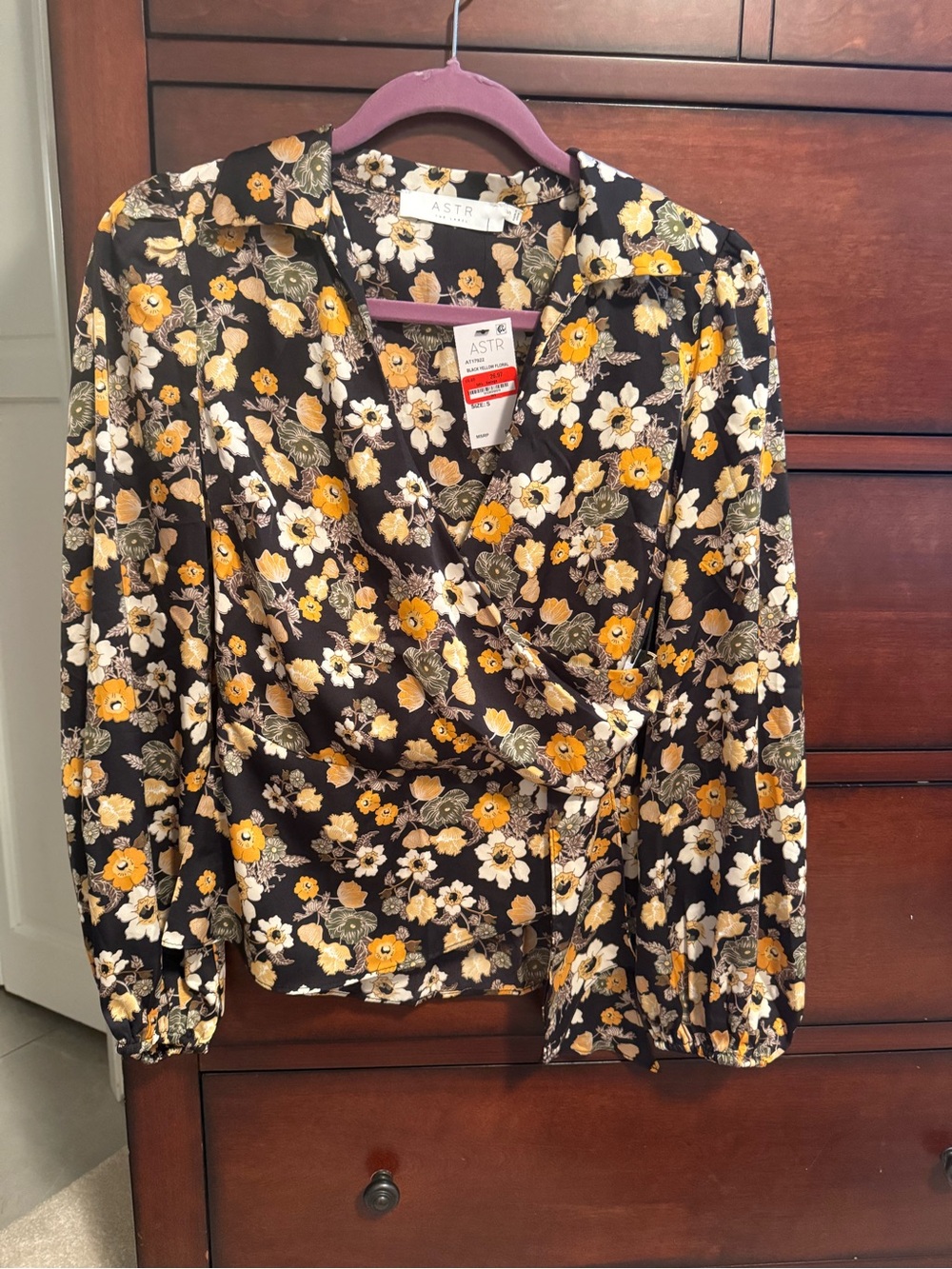 ASTR Black Floral Wrap Blouse with Mustard Blooms
